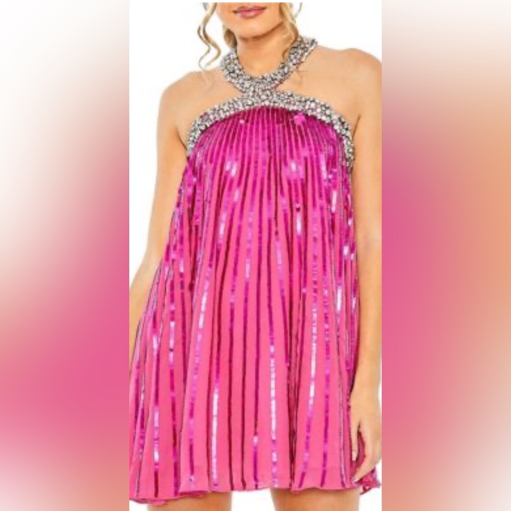 Mac Duggal Rhinestone halter neck mini dress in hot pink